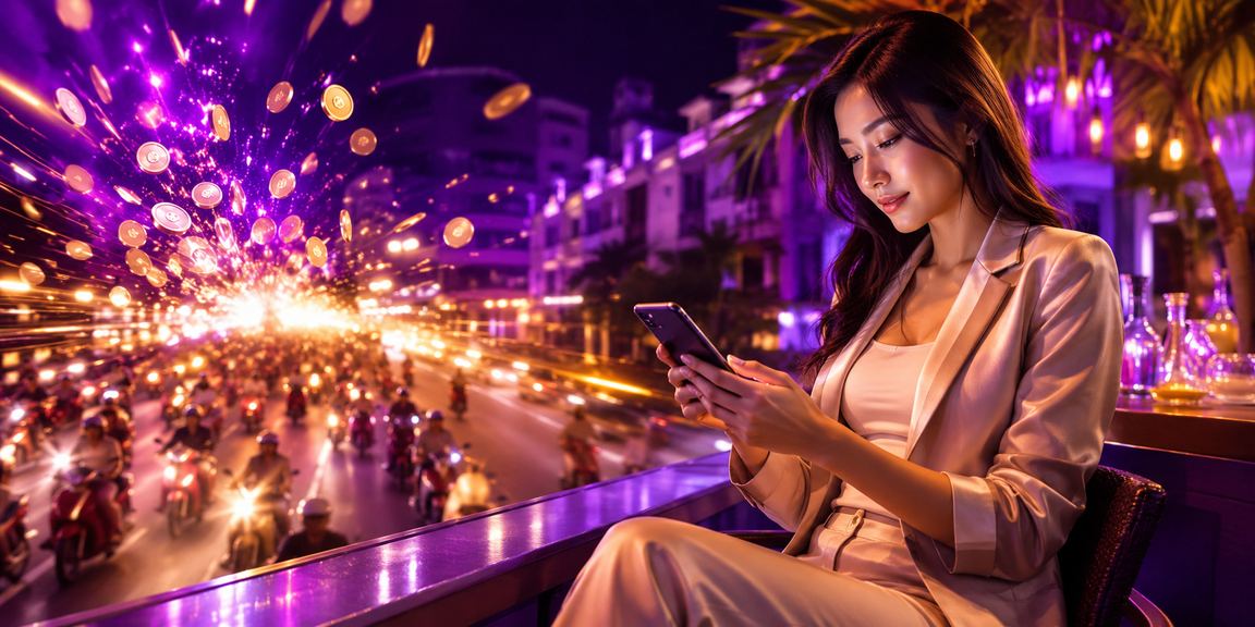 Màn hình điện thoại hiển thị giao diện casino neon lung linh tại Hà Nội